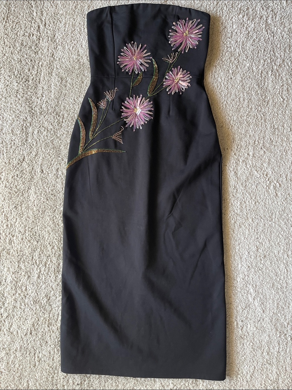 STAUD Brooke Floral Beaded Strapless Cocktail Midi Dress in Dahlia Daydream - Picture 7 of 11